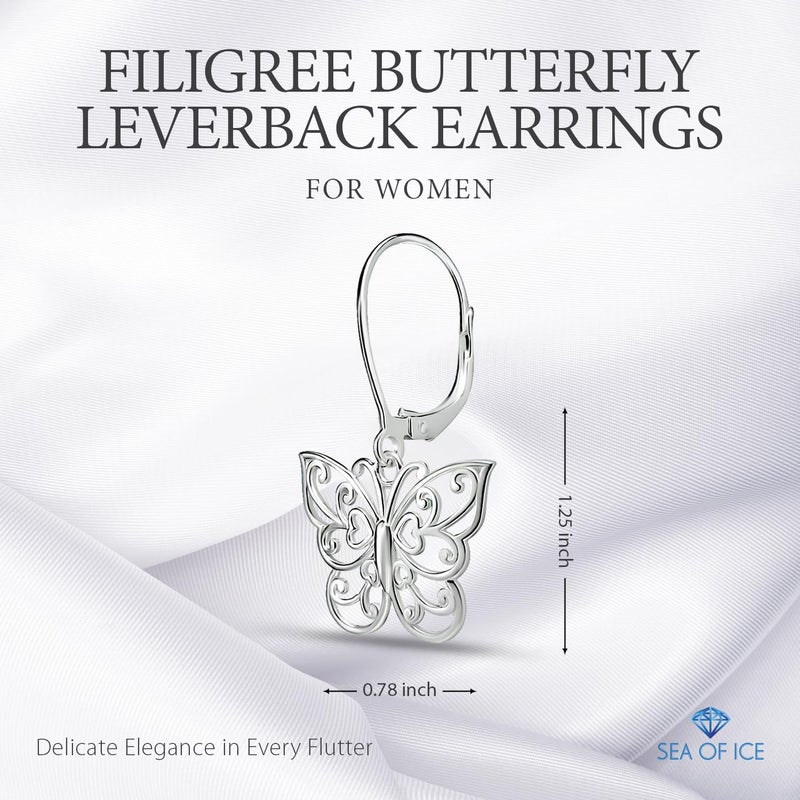 SEA OF ICE Sterling Silver Butterfly Earrings Filigree Dainty Dangle Drop Leverback â€“ Filigree Earing pure 925 Sterling Silver - Sterling Silver Earrings for Women - Image 2